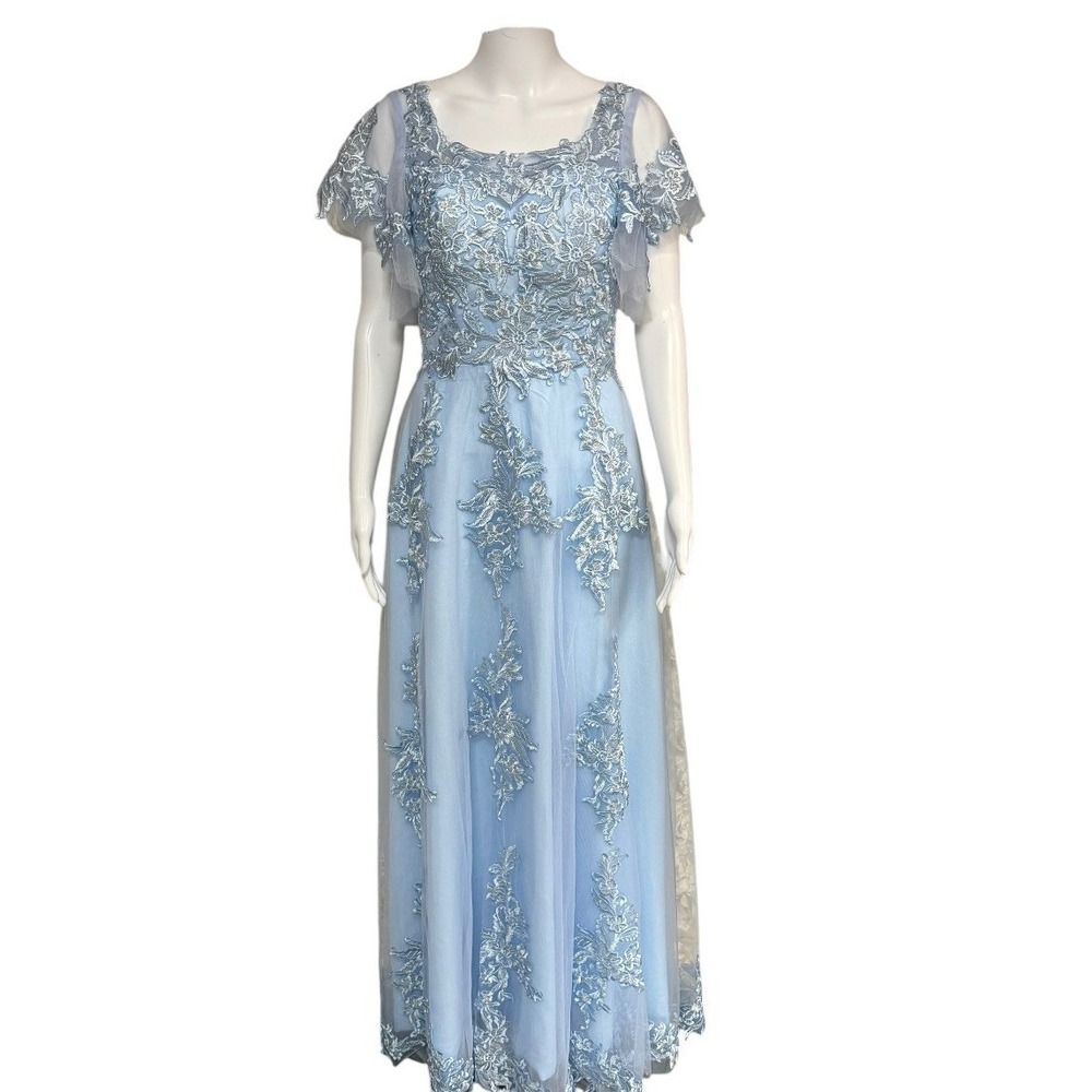 Jaeden Light Blue Embroidered Tulle Evening Gown Flutter Sleeve Maxi Dress Sz XS